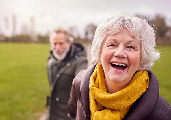 A senior couple walking together